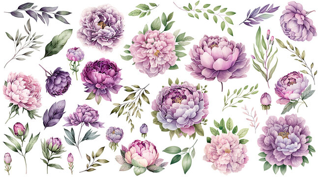Set of peonies flower purple pink lavender pastel color Watercolor, collection of hand drawn flowers , Botanical plant illustration transparent background, PNG.