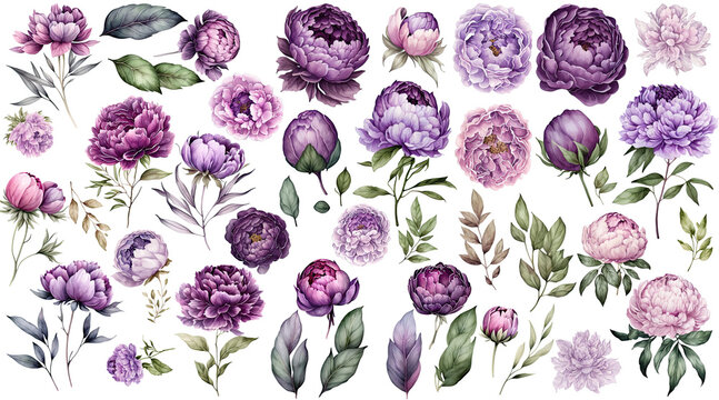 Set of peonies flower purple pastel color Watercolor, collection of hand drawn flowers , Botanical plant illustration transparent background, PNG.