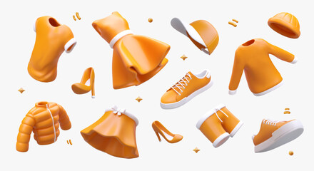 Set of realistic clothes, shoes, hats. Yellow items of men and women wardrobe. Cute image with stars, rays. Color illustration in cartoon style. Sports and classic clothes