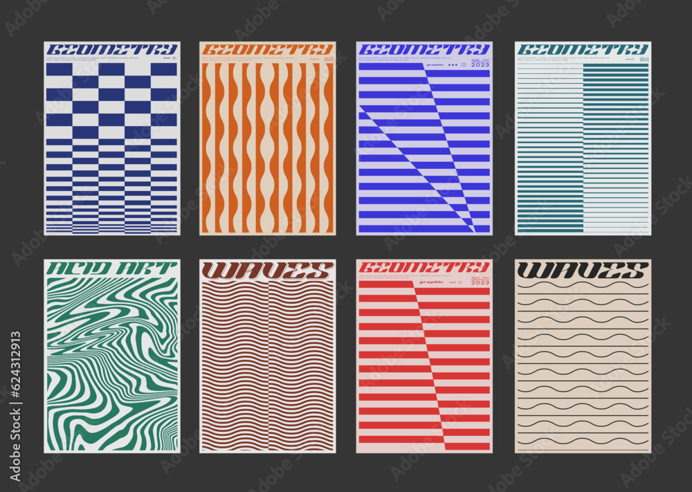 Poster set of cool abstract geometric posters. collection of bauhaus shape elements. brutalist covers. retr