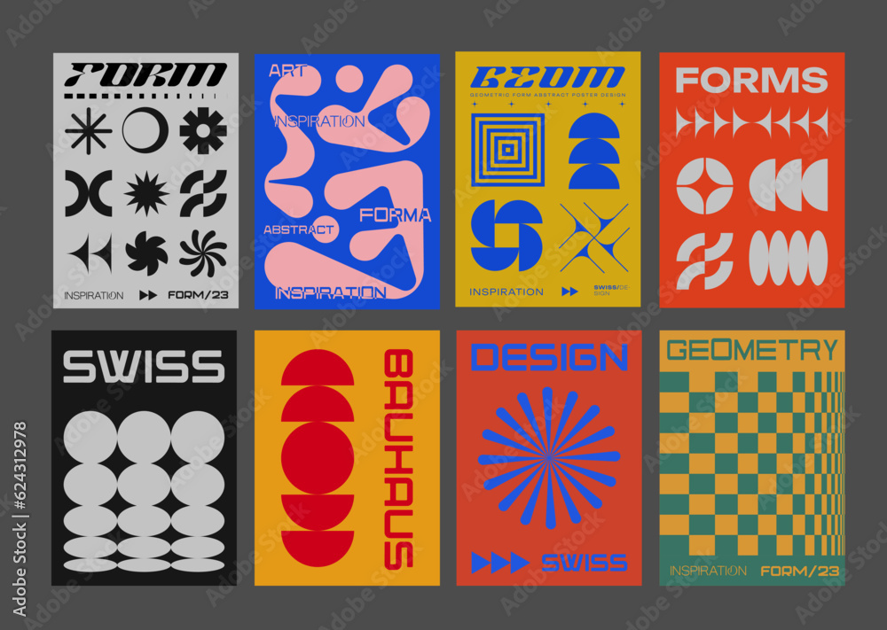 Poster cool abstract geometric posters swiss design shapes collection. vector bauhaus modern geometrical pa