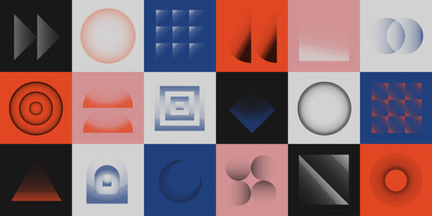 Cool Abstract Geometric Background Swiss Design. Halftone Vector Bitmap Shapes. Bauhaus Artwork. Postmodern Illustration.