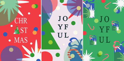Fototapeta na wymiar Set of Christmas Card Cover in trendy style. Xmas 2024 poster with Christmas tree, gift box, candy and snowflakes. New Year banner in minimalist style for website. Vector Art. 