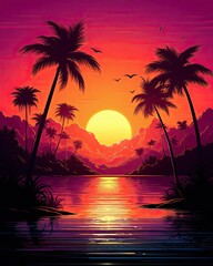 Obraz na płótnie Canvas There is a painting of a sunset with palm trees, a small island, and two boats floating in the water. (Generative AI)