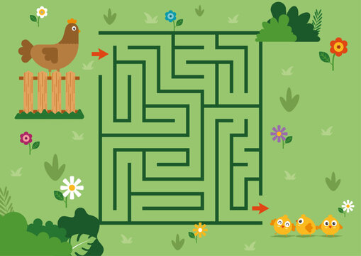 Printable maze for kids. Chicken edition. Preschool educational activity.