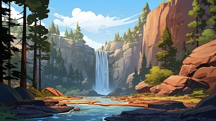 In a forest, a waterfall cascades amidst trees and rocks. (Generative AI)