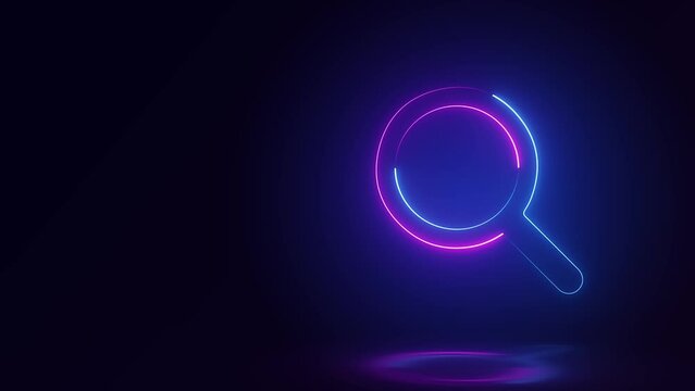 glowing neon magnifying glass or search sign animation on dark background