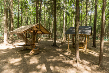 A petting zoo with installed feeders. A picturesque place in the forest on a sunny summer day.