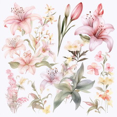 Blumen zum Dekorieren einer Hochzeitskarte mit Orchideen in rosa Farbt&ouml;nen, Aquarell Stil, 3, AI generiert