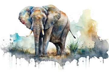 Fototapeta na wymiar Beautiful big wild elephant in the grass, watercolor illustration generative AI