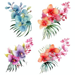 Blumen zum Dekorieren einer Hochzeitskarte mit orchideen und frangipani in verschiedenen Farbtönen, Aquarell Stil, 3, AI generiert