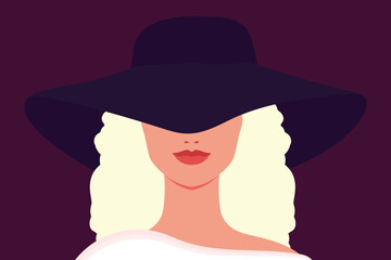 Portrait of a blonde woman in a hat. Abstract elegant woman. Vector illustration