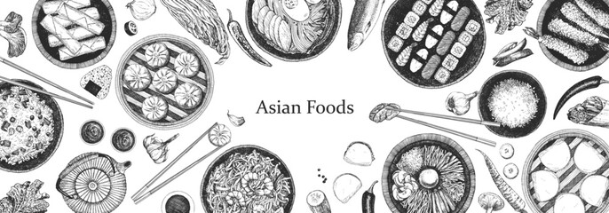 Asian Restaurant Menu. Hand-drawn illustration of dishes and products. Ink. Vector