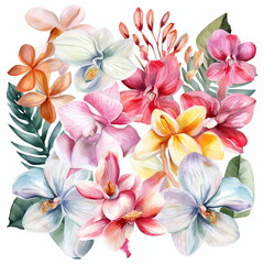 Fototapeta na wymiar Blumen zum Dekorieren einer Hochzeitskarte mit orchideen und frangipani in verschiedenen Farbtönen, Aquarell Stil, 9, AI generiert