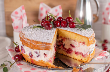 Cherry cream cake with fresh sour cherries