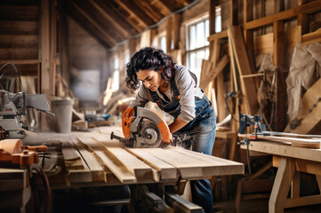 AI generated image of woman in wood shop - obrazy, fototapety, plakaty