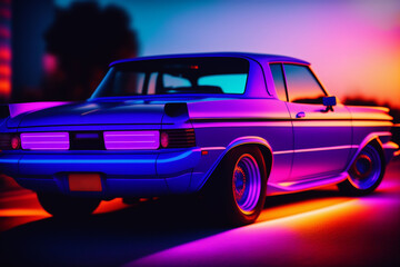 Obraz na płótnie Canvas Neon Retro Sci-Fi Background. Futuristic landscape and design of the 80s. Car. Neon Dreams: Retro 70s, 80s Synthwave Highway. retro, vintage, aged vehicle. Neon Night City Background. Generative AI