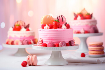 Beautiful cakes and desserts in pink tones on a pink background. Wedding cake. Birthday cake. Valentine's Day cake. - Powered by Adobe