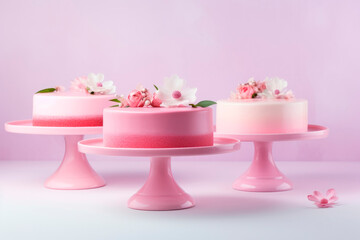 Beautiful cakes and desserts in pink tones on a pink background. Wedding cake. Birthday cake. Valentine's Day cake.