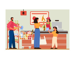 Supermarket interior. Grocery shop with cashier and customers