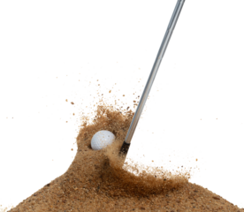 Golf ball explode from sand bunker. Golfer hit ball with club to sand explosion to green. Golf club hit ball in sand bunker explosion. White background isolated freeze motion