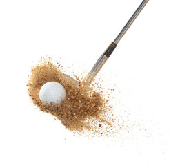Golf ball explode from sand bunker. Golfer hit ball with club to sand explosion to green. Golf club...