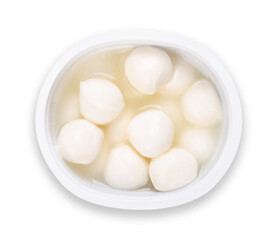 Small mozzarella balls with brine, in a plastic cup. Fresh white southern Italian cheese made from milk by the pasta filata method. Bambini bocconcini, used for pizza, pasta dishes or Caprese salad.