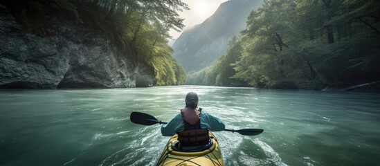 A person kayaking in a tranquil river canyon shrouded in mist.