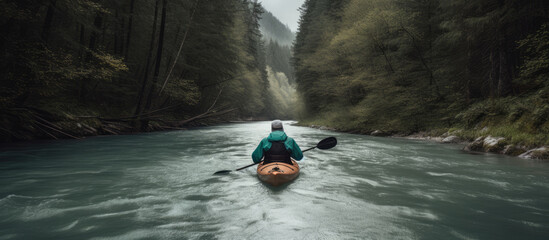 A kayaker navigates a peaceful river through a lush, misty forest.