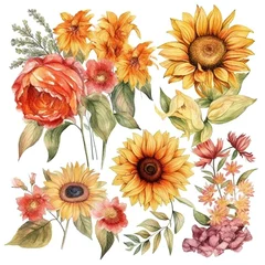 Behang Blumen zum Dekorieren einer Hochzeitskarte mit  Sonnenblumen und Dahlien in gelben und roten Farbtönen, Aquarell Stil, 6, AI generiert © Stefan Freytag