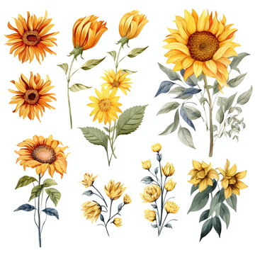 Blumen zum Dekorieren einer Hochzeitskarte mit 
Sonnenblumen und Dahlien in gelben und roten Farbt&ouml;nen, Aquarell Stil, 5, AI generiert