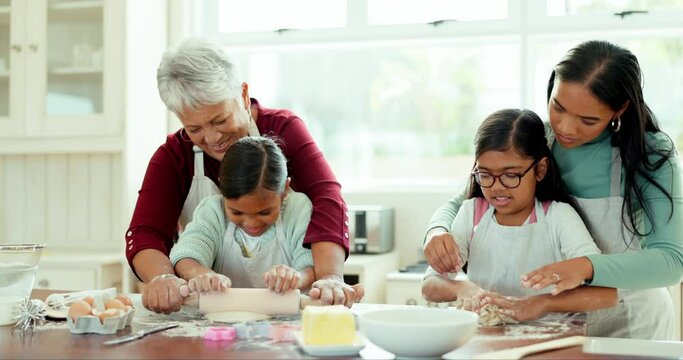 Cooking, happy and food with big family in kitchen for learning, generations and support. Baking, breakfast and grandmother with children and mother at home for cookies, teaching and chef