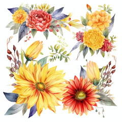 Blumen zum Dekorieren einer Hochzeitskarte mit 
Sonnenblumen und Dahlien in gelben und roten Farbtönen, Aquarell Stil, 12, AI generiert