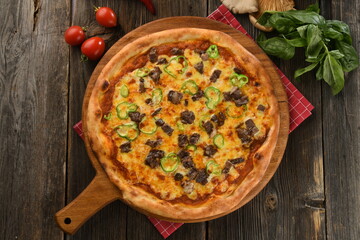 Delicious crunchy pizza with bingol braised meat and cheese