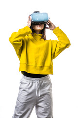 Beautiful active young attractive caucasian fit model woman uses hi tech futuristic Vr glassess for augmented reality. Photo of sportive beauty brunette sportswoman attractive white model.