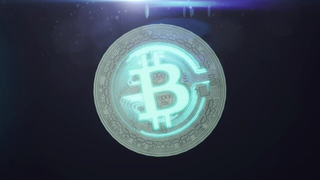 perfect bitcoin rotation animation in black background. DIgital neon glowing lines surface coin