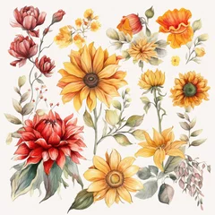 Meubelstickers Blumen zum Dekorieren einer Hochzeitskarte mit  Sonnenblumen und Dahlien in gelben und roten Farbtönen, Aquarell Stil, 14, AI generiert © Stefan Freytag