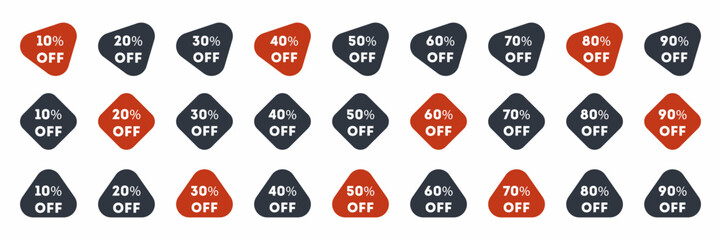Sale offer price sign set. Discount 10, 20, 30, 40, 50, 60, 70, 80, 90 percent