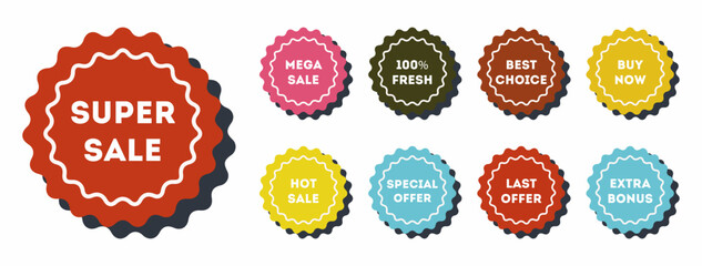 Set of promo signs. Super, mega, hot, sale. 100 percent fresh. Best choice. Special offer