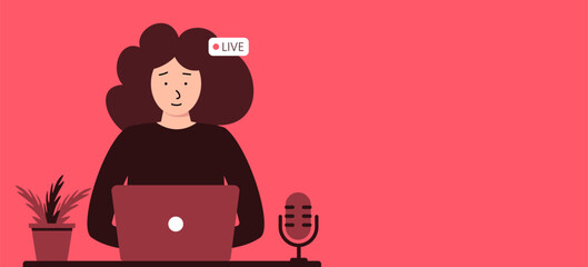 The girl broadcasts a podcast. Record a podcast. Illustration in modern style