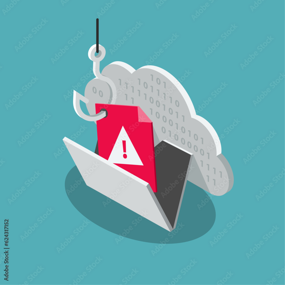 Poster data breach symbol with a fishing hook stealing confidential data from a secured system. flat isomet
