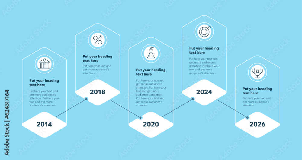 Poster timeline infographic template with five stages - blue version. can be used for your website or prese