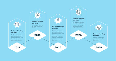 Timeline infographic template with five stages - blue version. Can be used for your website or presentation.