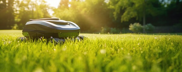 Robot lawn mower on green grass in village garden, panorama. Generative Ai.