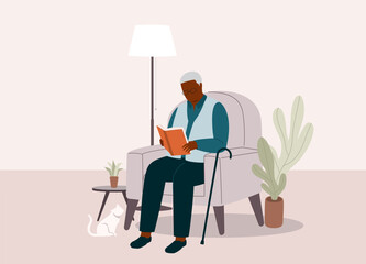 One Senior Black Man Sitting On Couch Reading Book At Home. Full Length. Flat Design, Character, Cartoon.