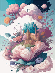 flower and cloud, fantasy, wonderland, watercolor