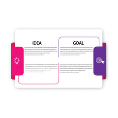 Round pie chart split into 2 equal parts. Concept of model with two features of business project to compare. Simple flat infographic vector illustration for information analysis, presentation, report.