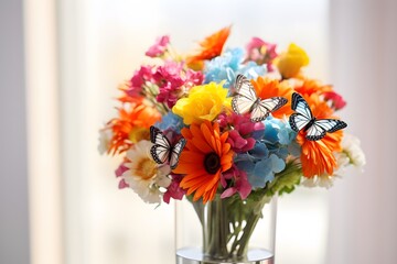 Beautiful delicate floral composition with fluttering butterflies. Butterfly bouquet