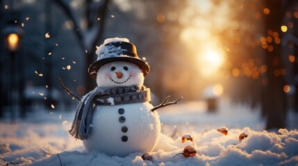 Obraz premium Little cute snowman in a knitted hat and scarf on snow on a sunny winter day. Christmas card. Generative AI