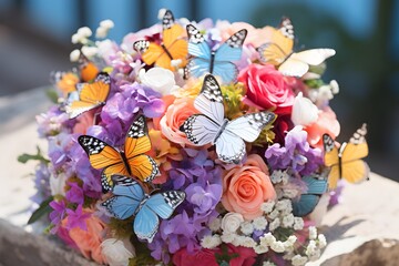 Fototapeta na wymiar Beautiful delicate floral composition with fluttering butterflies. Butterfly bouquet